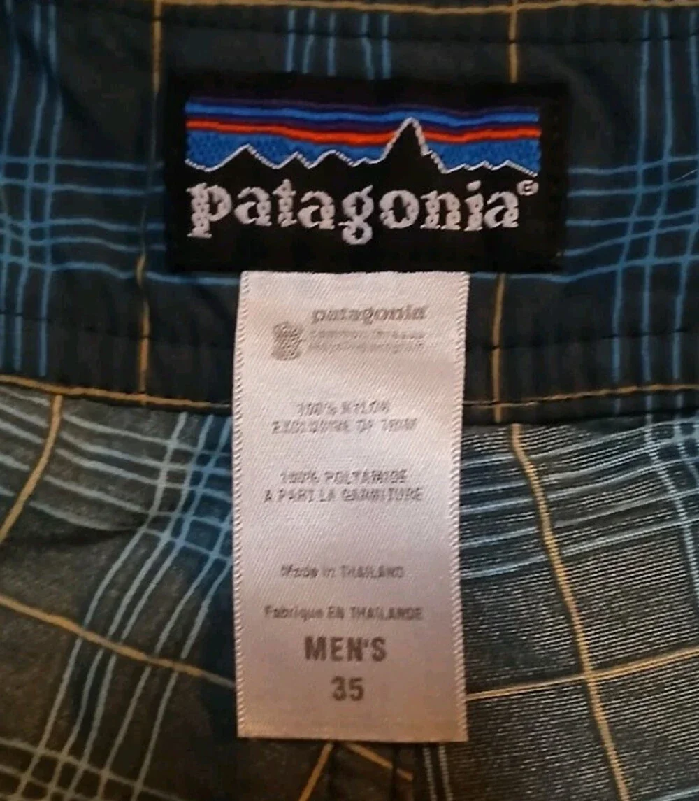 Patagonia Swim Trunks Mens 35 Blue Plaid Regular-Fit Lace-Up 100% Nylon Beach
